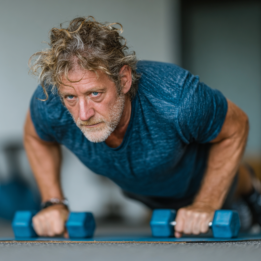 Чоловік 55 років виконує силові вправи з гантелями в спортзалі