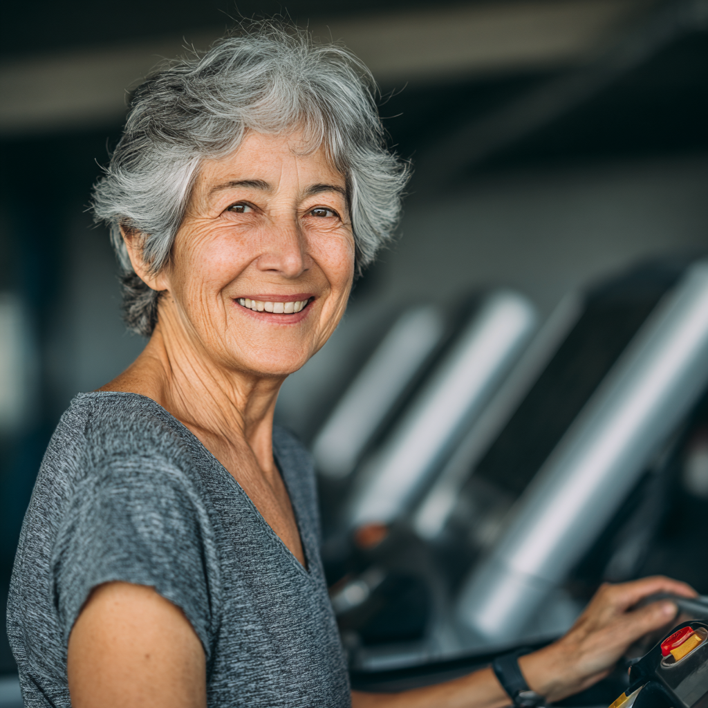 Жінка 58 років займається кардіо тренуванням на біговій доріжці