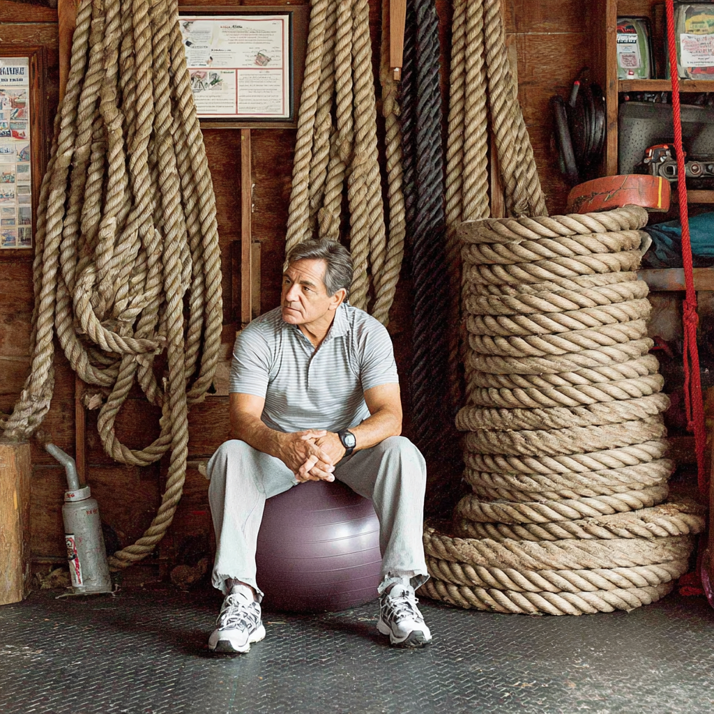 Чоловік 60 років займається кросфітом з м'ячем та канатами